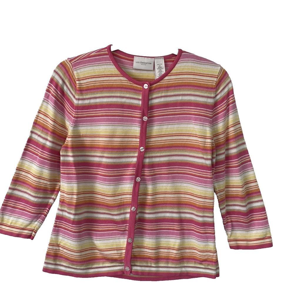 Liz‎ Claiborne Rainbow Striped Cardigan Sweater M Petite 3/4 Sleeve Pink White
